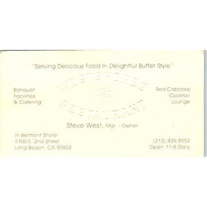 Westshores Restaurant Steve West Long Beach Vintage Business Card SD8-B7