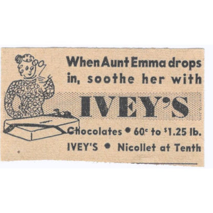Aunt Emma Ivey's Chocolates Nicollet 1935 Minneapolis Journal Ad AE7-H3