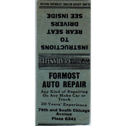 Foremost Auto Repair 76th & South Chicago Avenue Vintage Matchbook Cover SD4-Y8