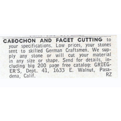 Grieger's Cabochon & Facet Cutting Pasadena CA 1964 Magazine Ad AB6-LJS5