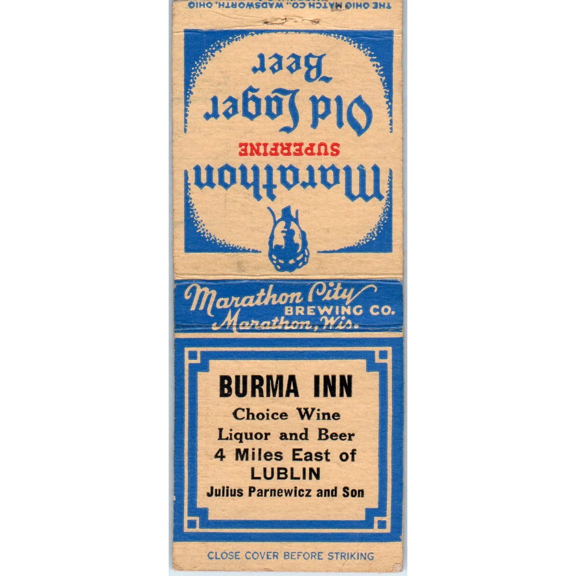 Burma Inn Julius Parnewicz & Son Lublin Marathon Vintage Matchbook Cover SD2-Y14