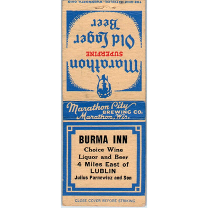 Burma Inn Julius Parnewicz & Son Lublin Marathon Vintage Matchbook Cover SD2-Y14