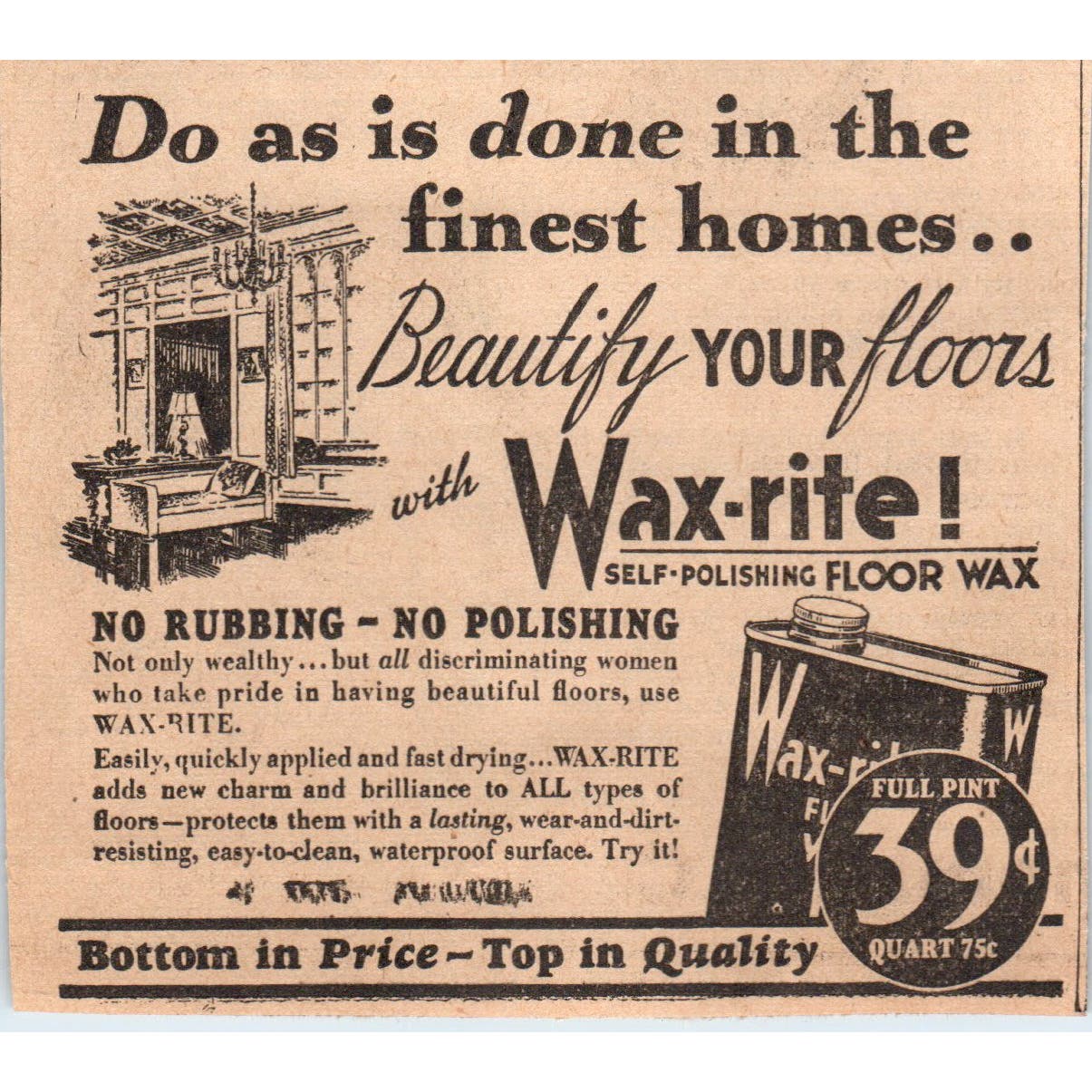 No Rubbing Wax-Rite Floor Wax 1935 Minneapolis Journal Advertisement AE7-N2