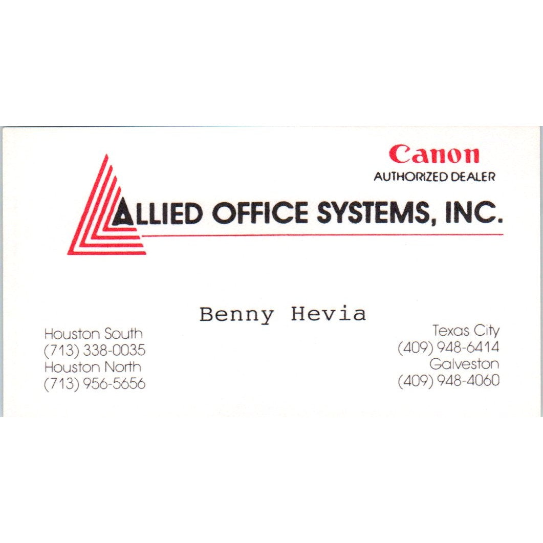 Benny Hevia Canon Allied Office Systems Houston TX Vintage Business Card SE3-B3