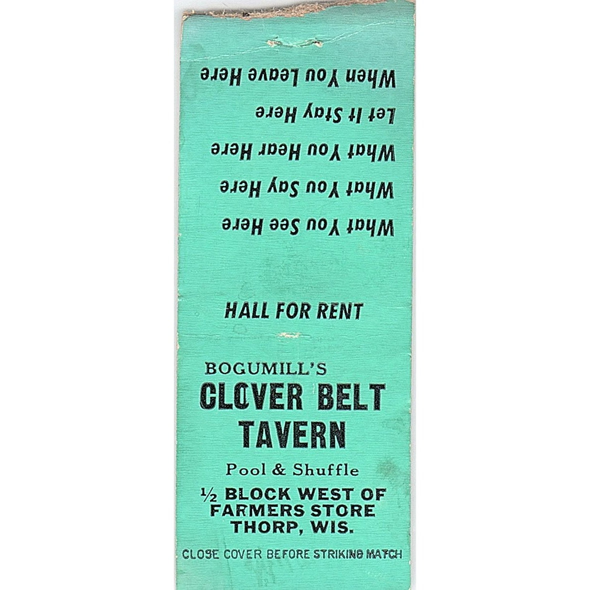 Bogumill's Clover Belt Tavern Thorp WI Vintage Matchbook Cover SE5-Y1