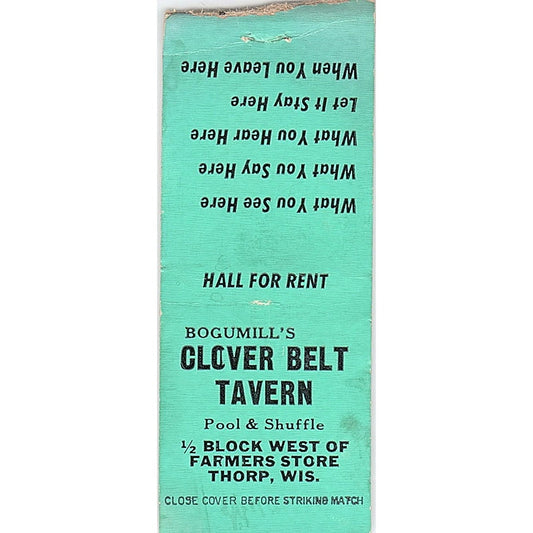 Bogumill's Clover Belt Tavern Thorp WI Vintage Matchbook Cover SE5-Y1