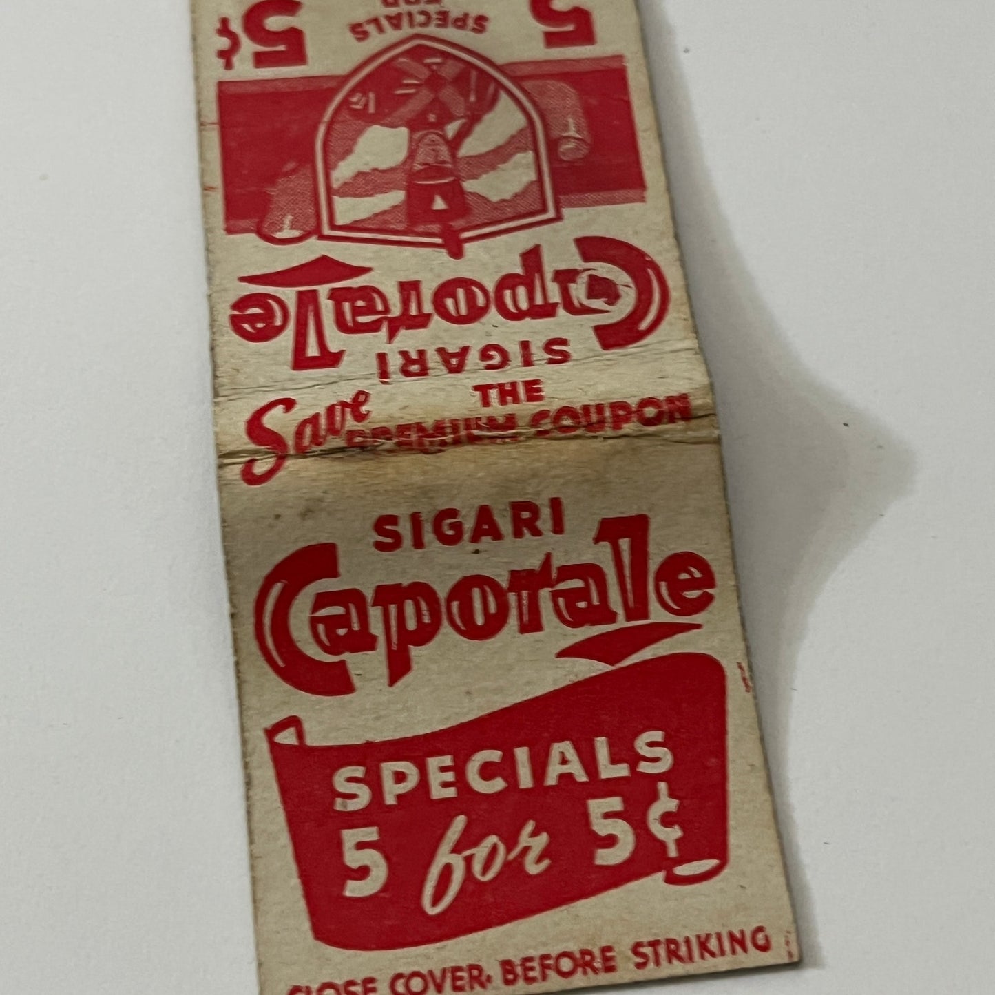 Sigari Caporale Specials Cigars 5 for 5 Cents Vintage Matchbook Cover TB6-MB1-12