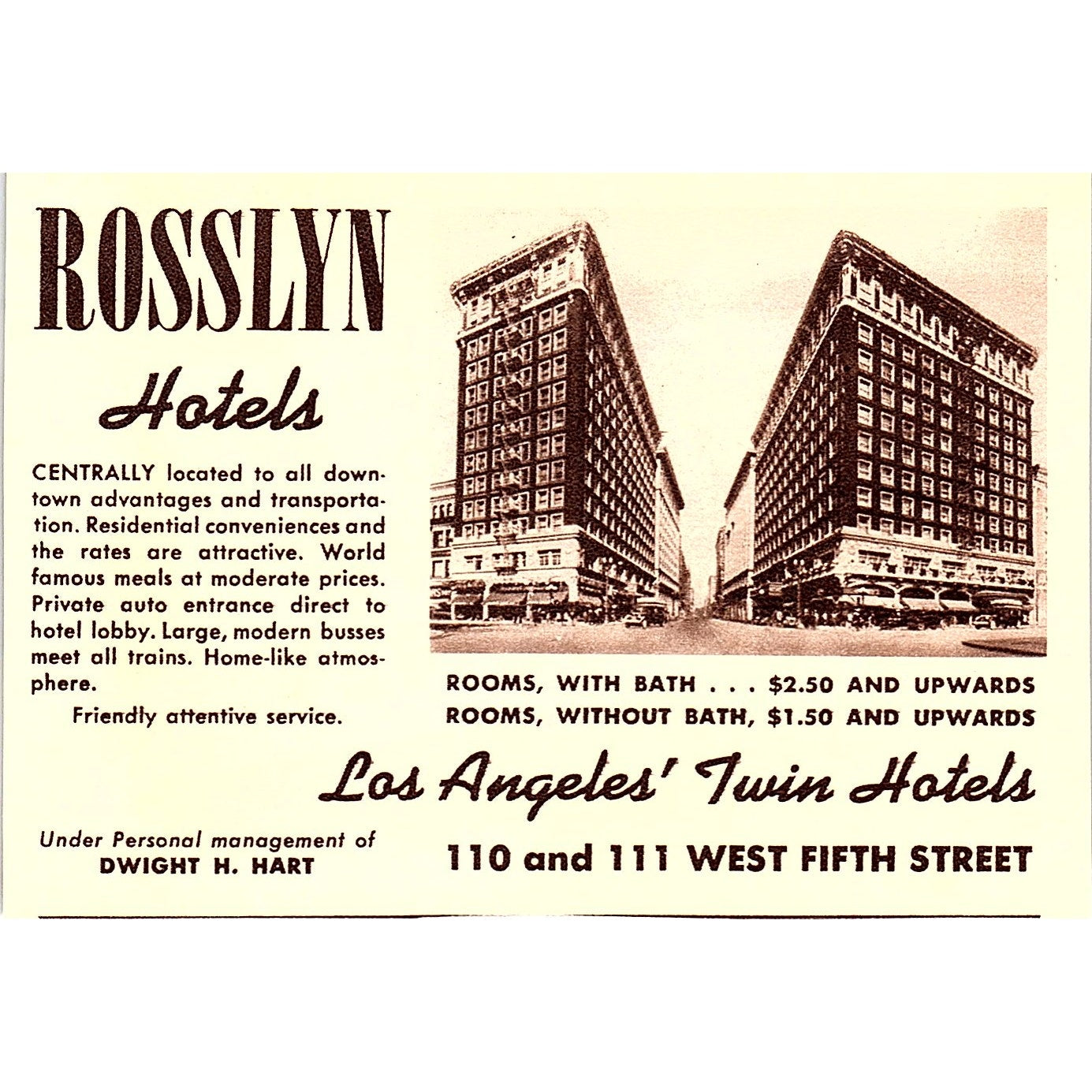 Rosslyn Los Angeles Twin Hotels Dwight H. Hart CA 1940 Ad AG1-M7