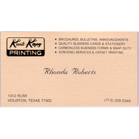 Rhonda Roberts Kwik-Kopy Printing Houston TX Vintage Business Card SD4-B3