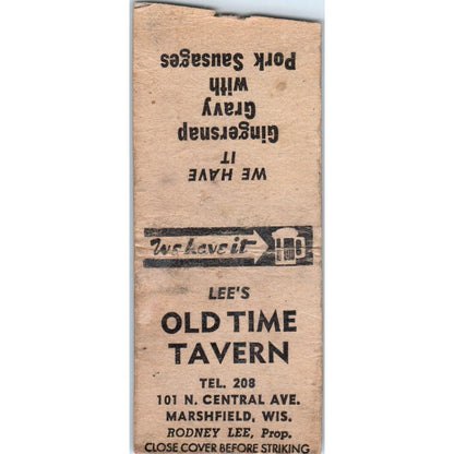 Rodney Lee's Old Time Tavern Marshfield WI Vintage Matchbook Cover SD4-Y3