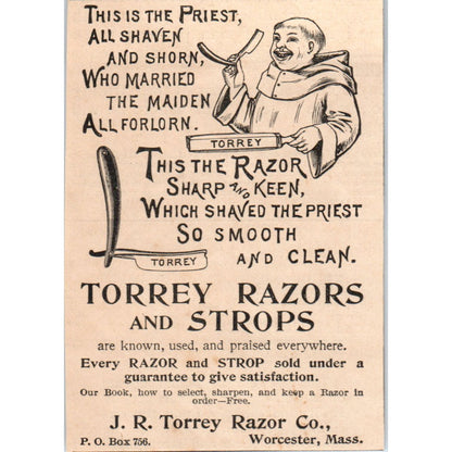 J.R. Torrey Razors and Strops Worcester MA 1892 Magazine Ad AB6-3