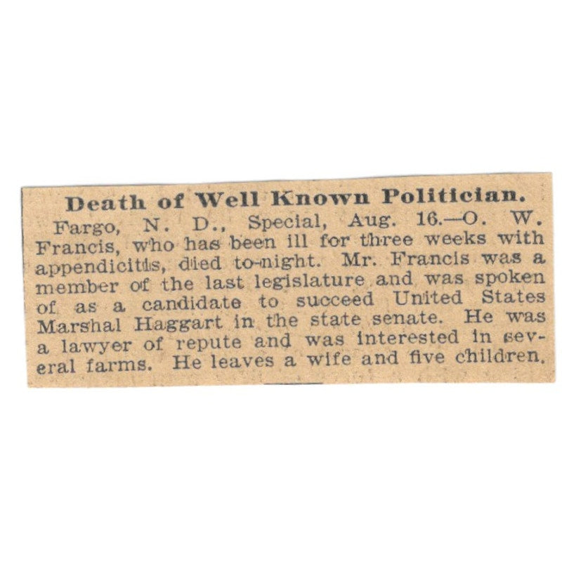 O.W. Francis Death Fargo ND St. Paul 1898 Newspaper Ad AF2-S6