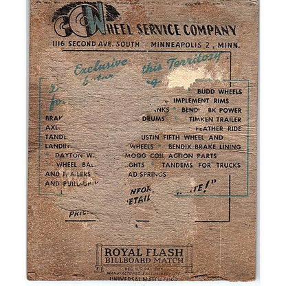 Wheel Service Co 2nd Ave So Minneapolis Vintage Large Matchbook Cover ML1-8