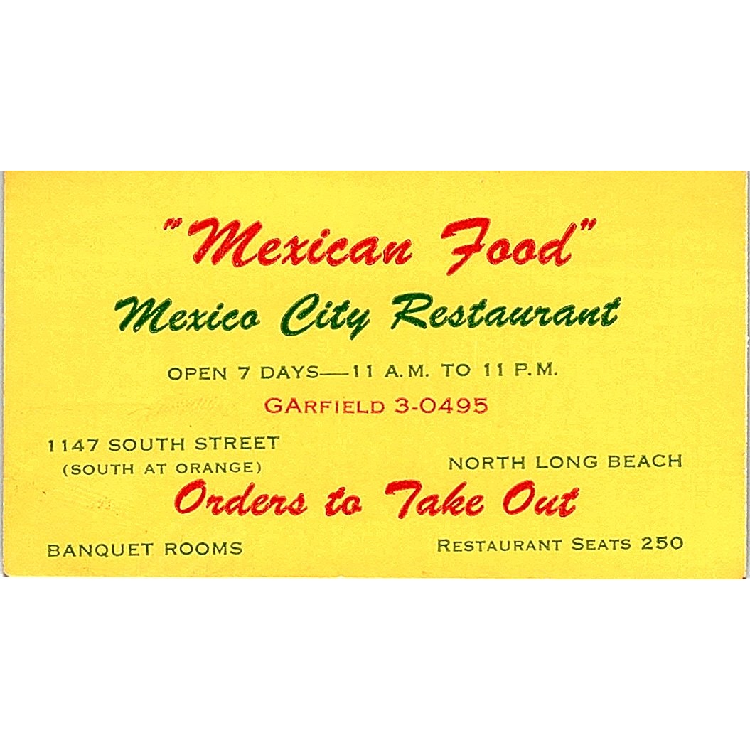 Mexico City Restaurant North Long Beach Vintage Business Card SD9-B11