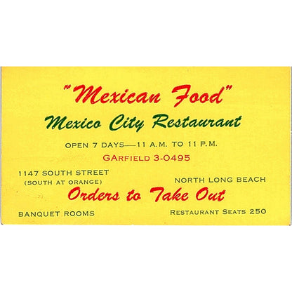 Mexico City Restaurant North Long Beach Vintage Business Card SD9-B11