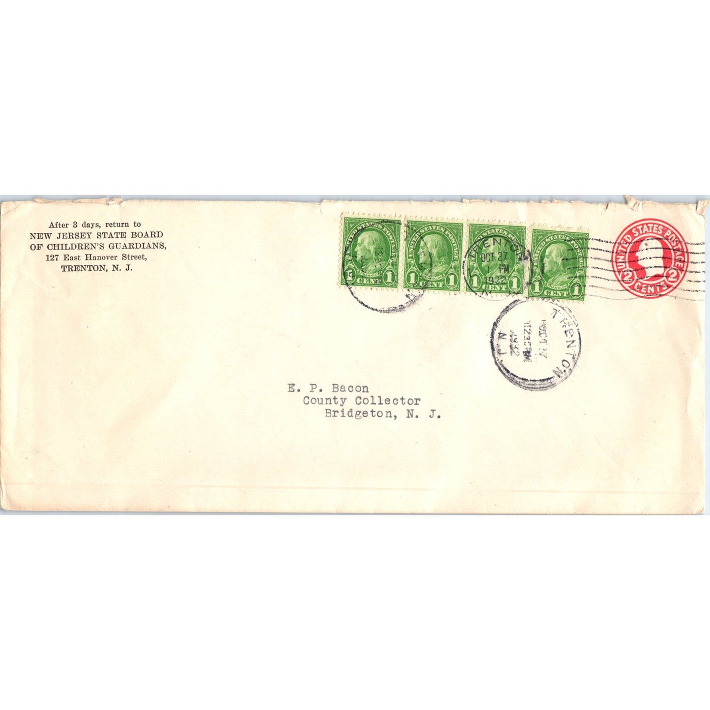 1932 NJ Board of Childrens Guardians to E.P. Bacon Bridgeton Postal Cover TH9-L1