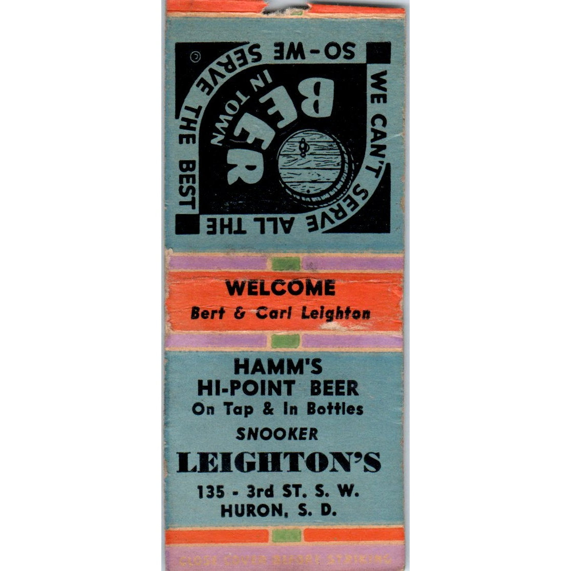 Snooker Leighton's Hamm's Hi-Point Beer Huron SD Vintage Matchbook Cover SD2-Y1
