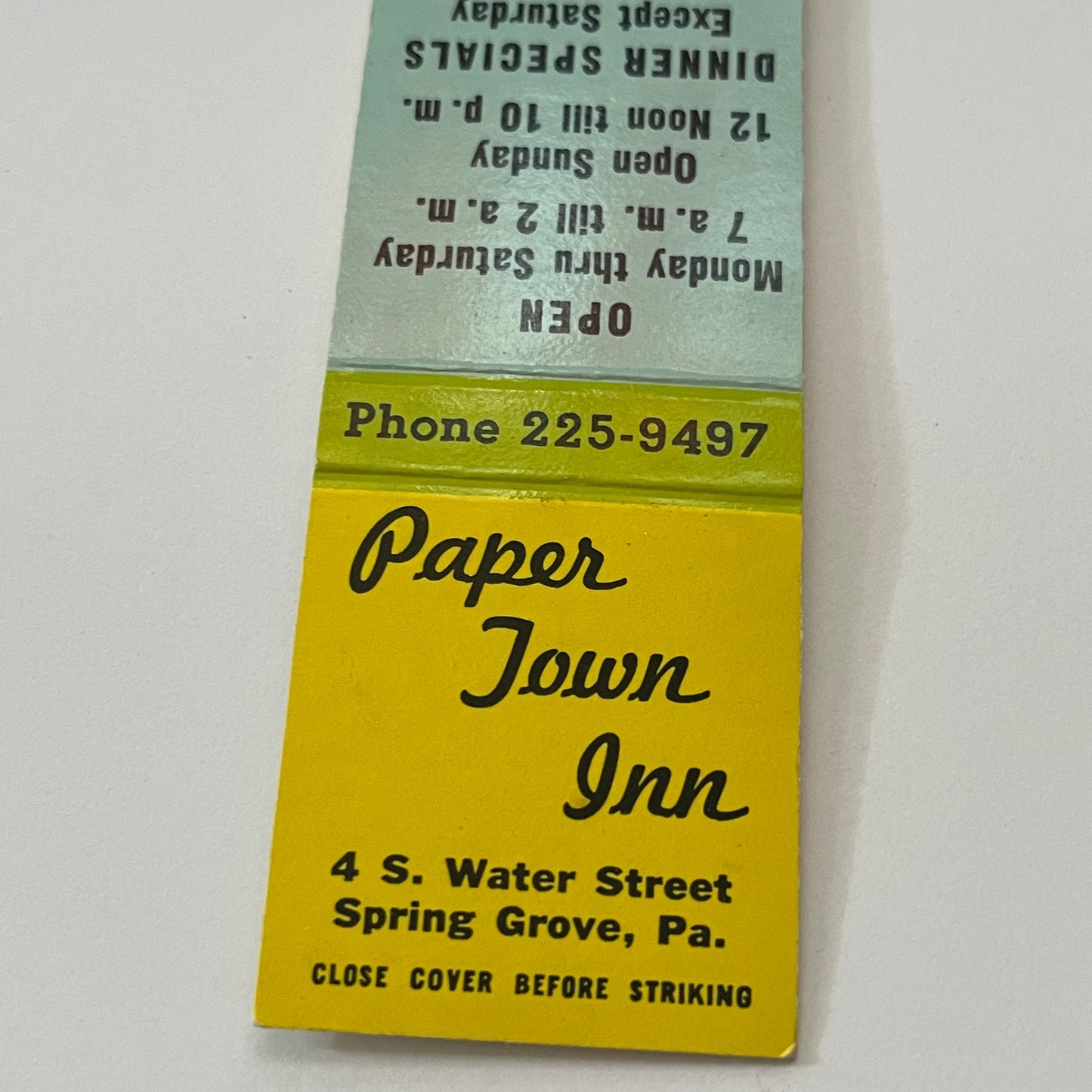 Paper Town Inn Spring Grove PA Vintage Matchbook Cover TB6-MB2-1