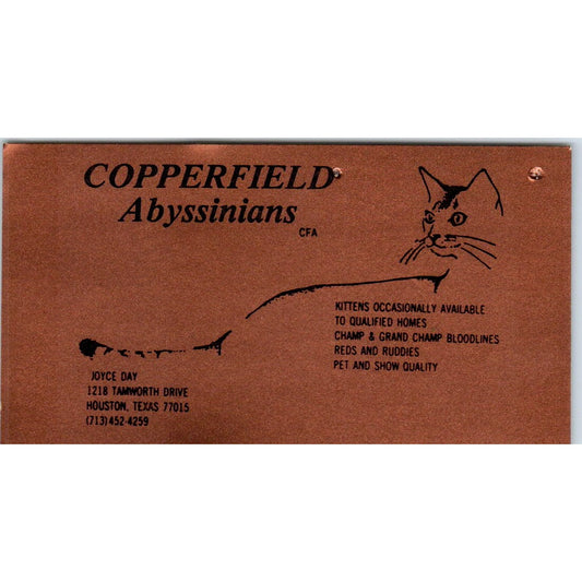 Copperfield Abyssinians Cats Joy Day Houston TX Vintage Business Card SD8-B15