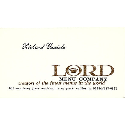 Richard Gaxiola Lord Menu Company Monterey Park CA Vintage Business Card SD9-B10