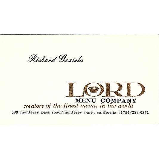 Richard Gaxiola Lord Menu Company Monterey Park CA Vintage Business Card SD9-B10