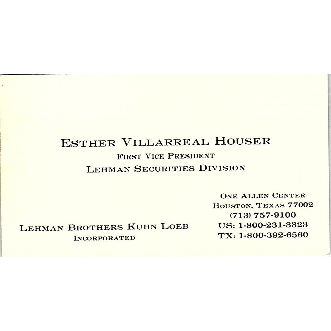 Esther Villarreal Houser Lehman Brothers Houston Vintage Business Card SD9-B7