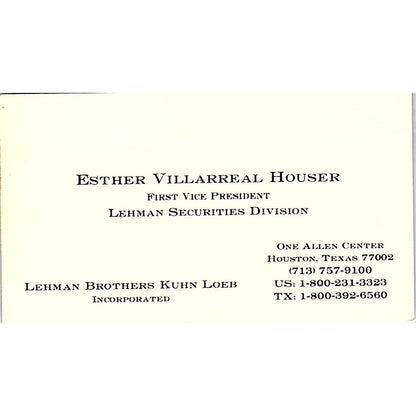 Esther Villarreal Houser Lehman Brothers Houston Vintage Business Card SD9-B7