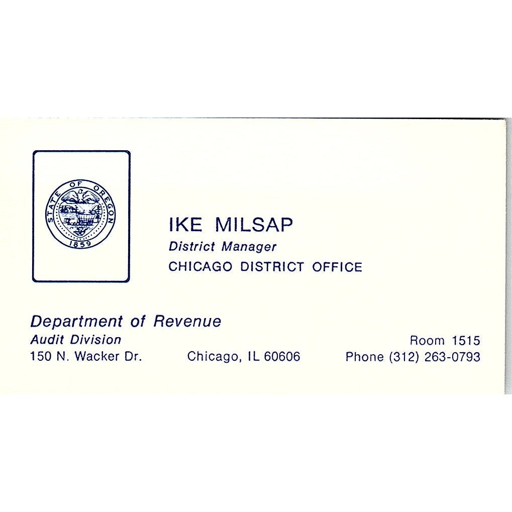 Department of Revenue Ike Milsap Chicago IL Vintage Business Card SF3-B7