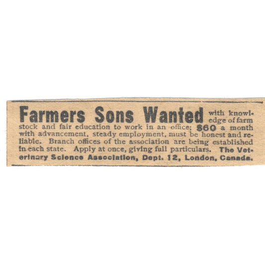 Veterinary Science Association London Ontario 1910 Magazine Ad AF1-SS8
