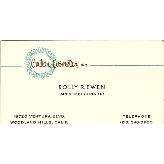 Rolly R Ewen Ovation Cosmetics Woodland Hills CA Vintage Business Card SE3-B14