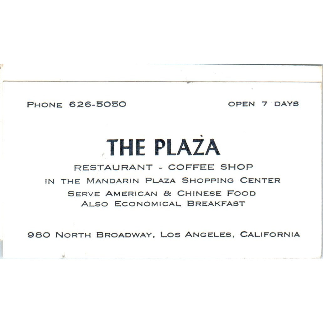 The Plaza Restaurant Los Angeles CA Vintage Business Card SD8-B7