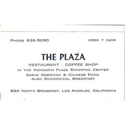 The Plaza Restaurant Los Angeles CA Vintage Business Card SD8-B7