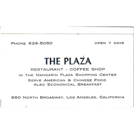 The Plaza Restaurant Los Angeles CA Vintage Business Card SD8-B7