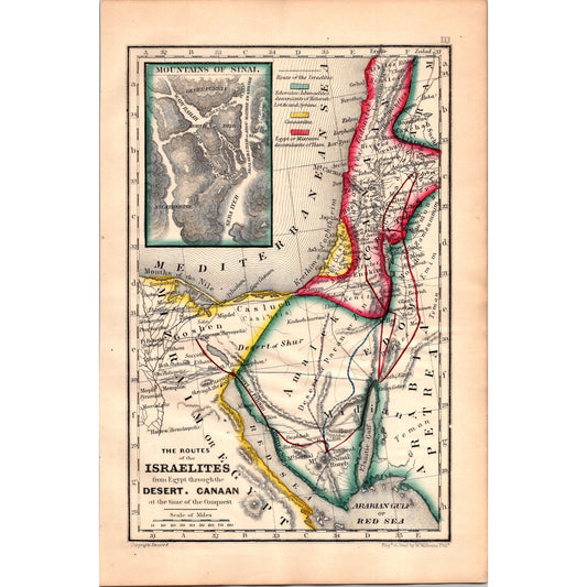 1864 Original Map of Routes of the Israelites from Egypt Tinted Engraving AJ6-2