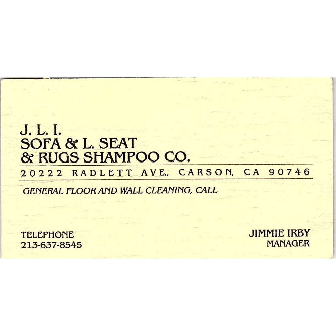 J.l.i. Sofa & L. Seat & Rugs Shampoo Jimmie Irby Carson CA Business Card SF3-B6