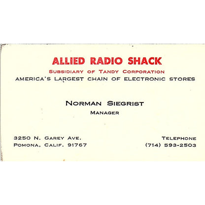 Allied Radio Shack Norman Siegrist Pomona CA Business Card SF3-B7