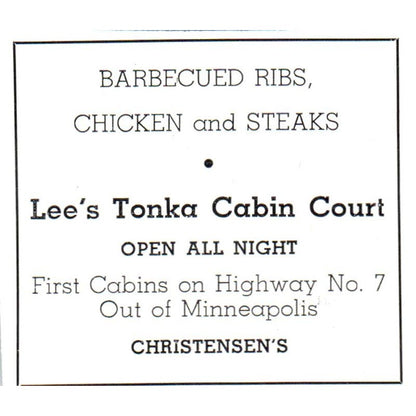 Lee's Tonka Cabin Court Christensen's Hwy 7 Minneapolis MN 1940 Ad AF1-SS4