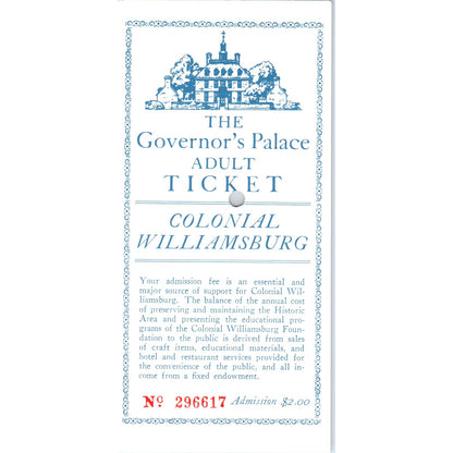 1970s Colonial Williamsburg Governor's Palace Adult Ticket Stub Leaflet TF4-BC