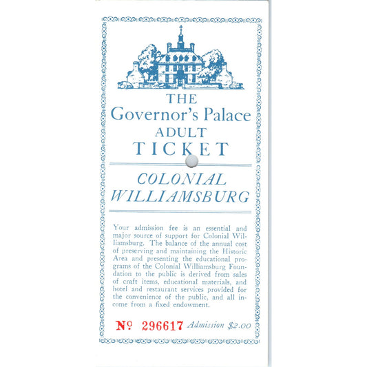 1970s Colonial Williamsburg Governor's Palace Adult Ticket Stub Leaflet TF4-BC