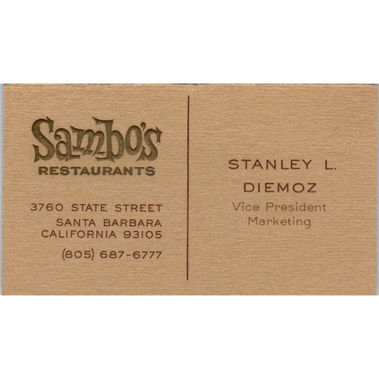 Sambo's Restaurants Stanley L. Diemoz Santa Barbara Vintage Business Card SD8-B7
