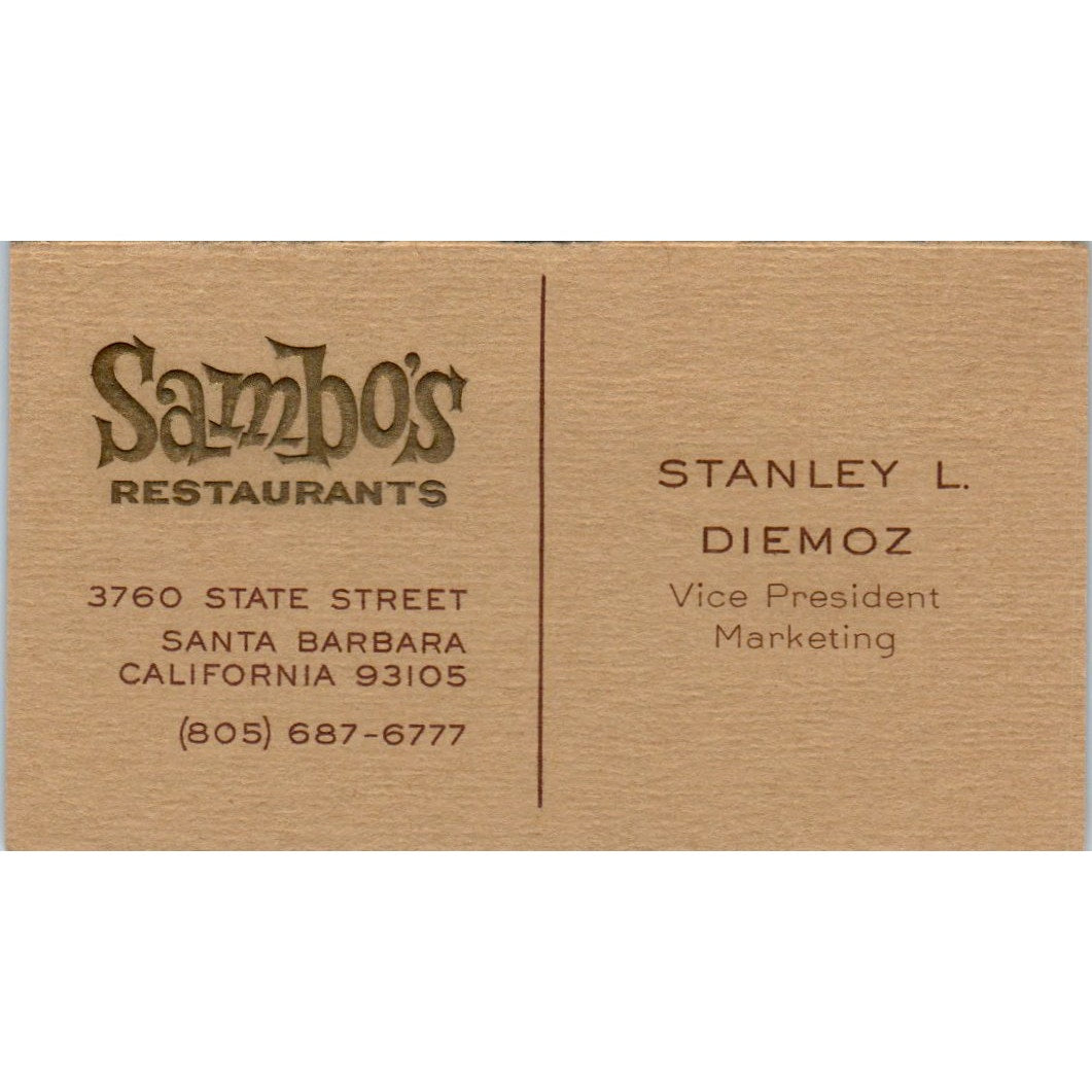 Sambo's Restaurants Stanley L. Diemoz Santa Barbara Vintage Business Card SD8-B7