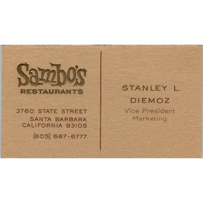 Sambo's Restaurants Stanley L. Diemoz Santa Barbara Vintage Business Card SD8-B7