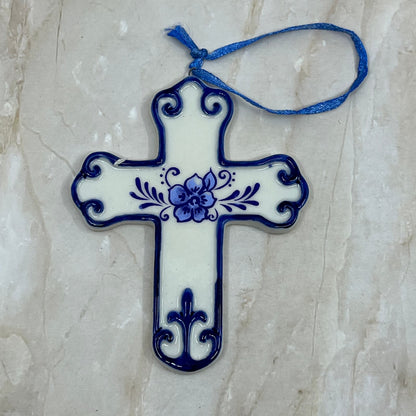 Kurt S. Adler Porcelain Delft Blue Cross Christmas Ornament 3x3.5” TD5