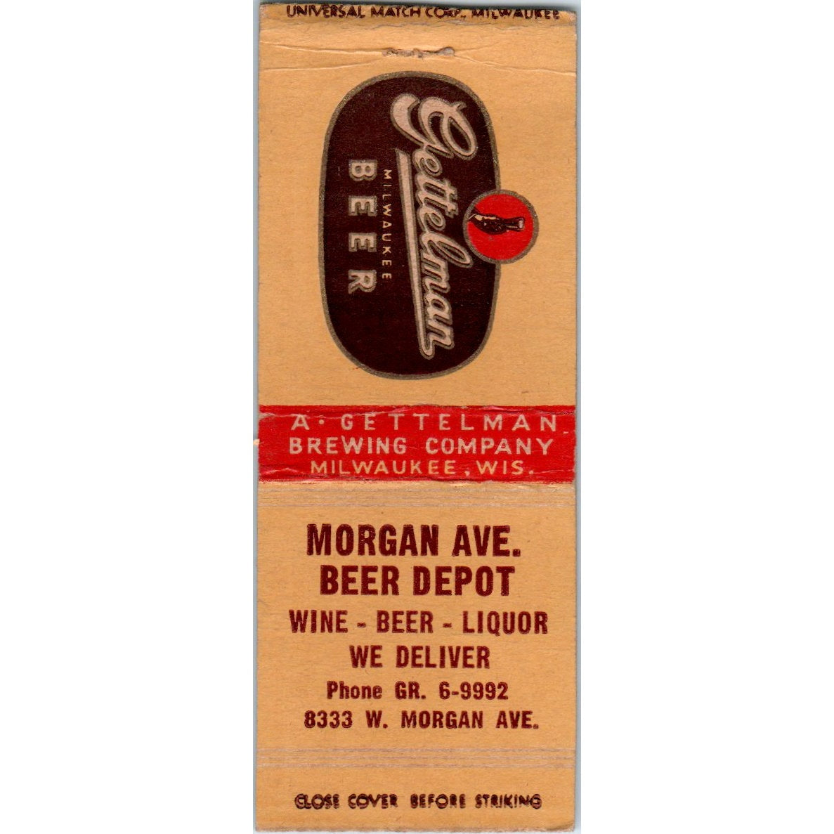 8333 W. Morgan Ave Beer Depot A. Gettelman Brewing Vtg Matchbook Cover SD4-Y2