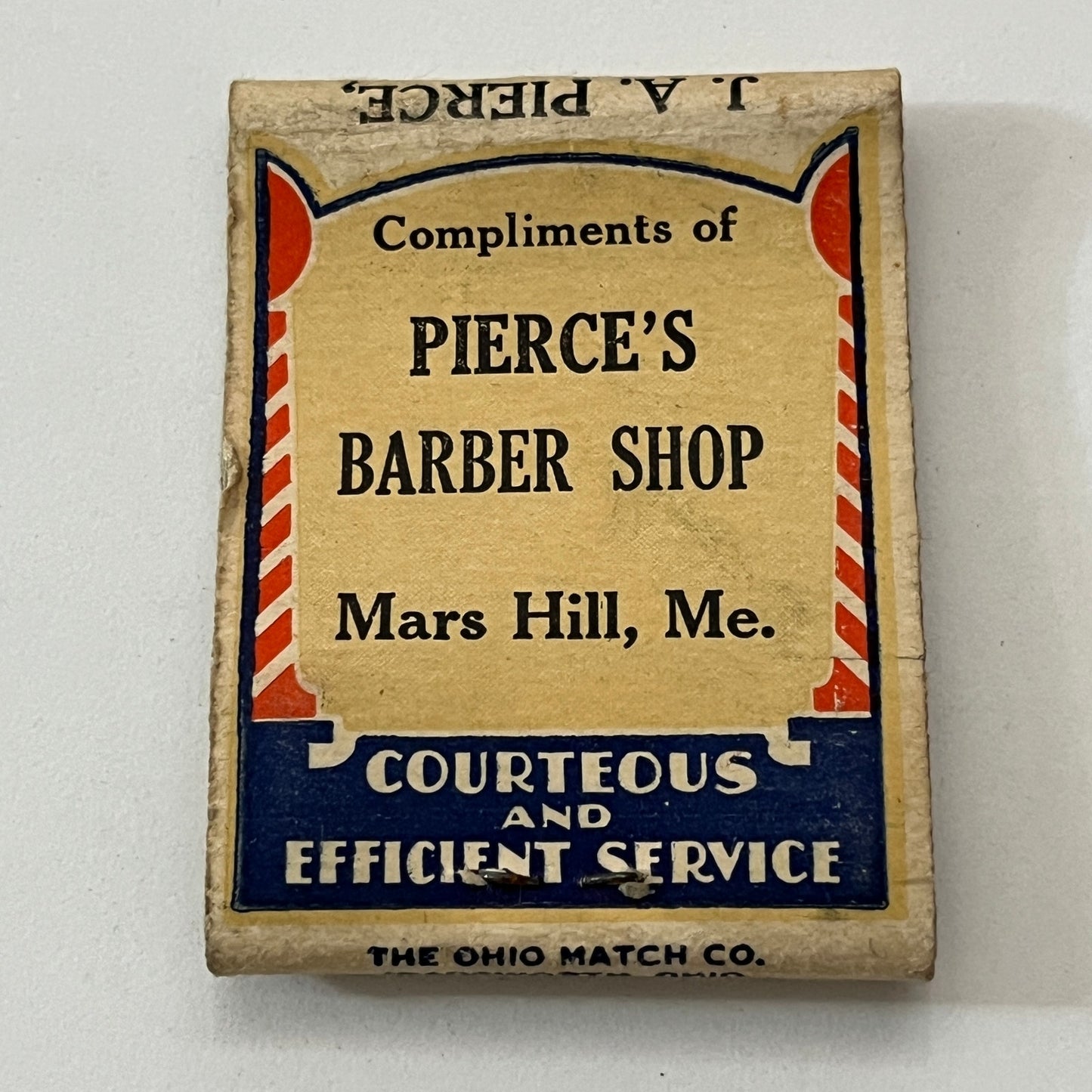 Pierce's Cafe, Barber Shop Mars Hill Maine Vintage Matchbook Cover TB8-MB2-10