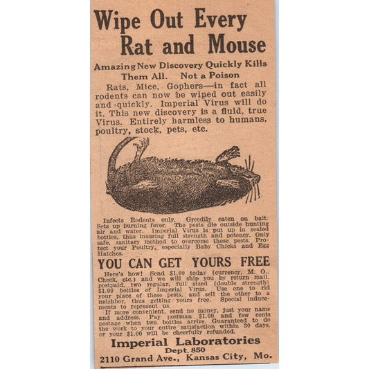 Imperial Laboratories Rat and Mouse Trap Kansas City MO 1922 Magazine Ad AF2-A5