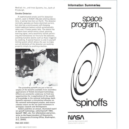 1986 NASA Information Summaries Space Program Spinoffs Travel Brochure TF4-BA