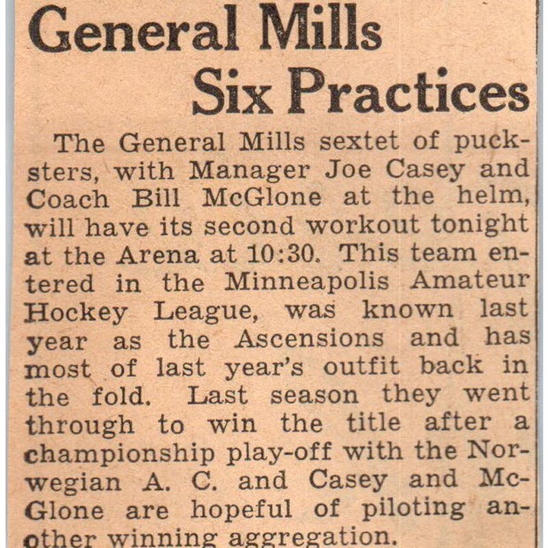 General Mills Amateur Hockey League Team 1935 Minneapolis Journal Article AE7-N6