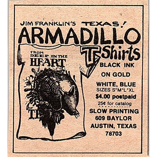 Jim Franklin's Texas Armadillo T-Shirts Austin TX 2x2 1974 Ad AF6-M1