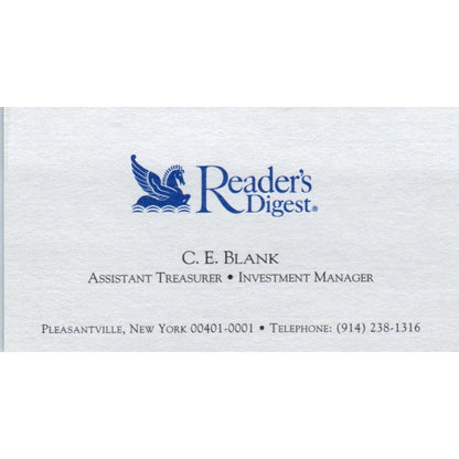 C.E. Blank Treasurer Reader's Digest Pleasantville Vintage Business Card SD8-B19